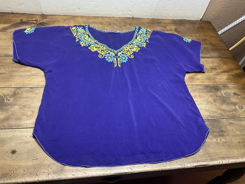 Johnny Was Floral Embroidered Tunic Blouse Purple Boho Peasant Cottagecore Sheer